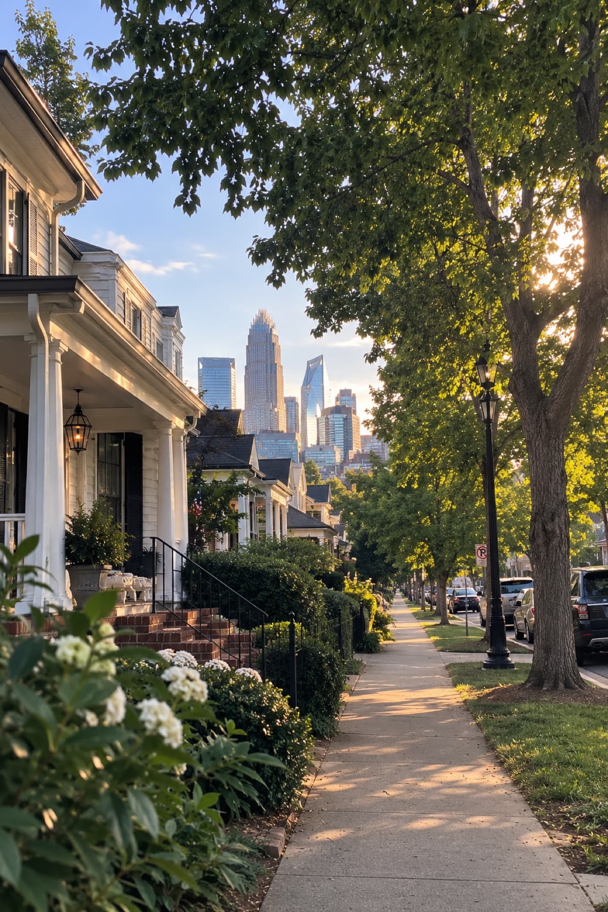 A tree-lined street of historic Charlotte homes with front porches at golden hour, with the uptown skyline in the distance